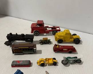 Assorted Die-Cast & Metal Toy Vehicle Lot Train, Trolley, Airplane, Trucks & Motorcycle