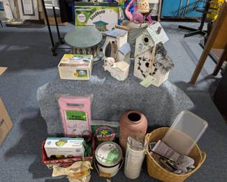 Large Outdoor Decor Lot: Bird Houses, Feeders, Pots, Gloves, Equipment, Etc.