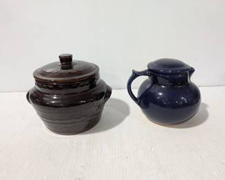 Vintage Harvest Oven Proof Stoneware Brown Bean Pot & Blue Stoneware Coffee Carafe Pitcher