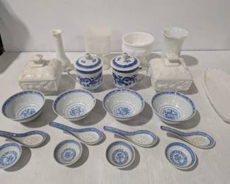 Vintage Milk Glass Dishes & Vases With Chinese Ceramic Bowls & Cups Set