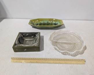 Haeger 1079 Green Glazed Ceramic Ashtray 10", Small White/Clear Ash Tray, & Smaller Desk Ash Tray