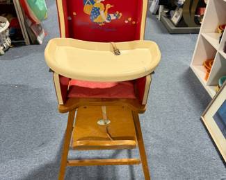 Vintage Goosey Goosey Gander Child's High Chair with Red Vinyl Seat & Wood Frame