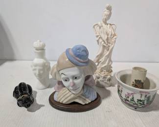 Vintage Ceramic Decor Lot: Sad Clown With Wooden Base, Avon Athena & Cat Bottles, & 15" Asian Figure