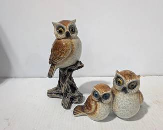 Resin Owl Figurines, One Perched On Branch, 2 Sitting, Made By TII Collections