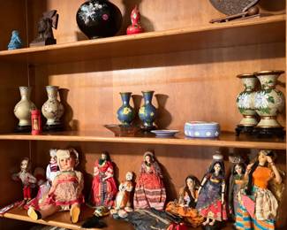 Asian vases, porcelain face dolls from all over