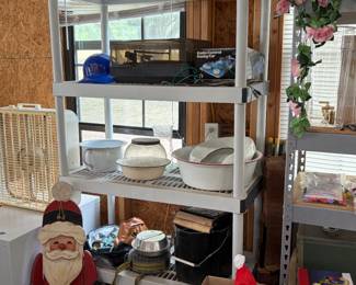 Older model electronics, metal bedpan, Christmas inflatables