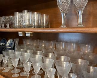Lead crystal glasses and large set of Buckwheat pattern glassware