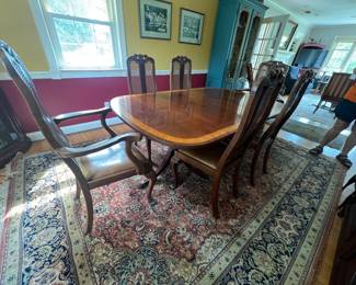 BEAUTIFUL DINING ROOM TABLE, CANE BACK CHAIRS  W/ 2 LEAVES