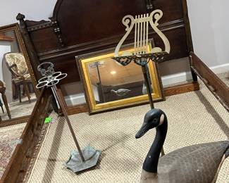 ANTIQUE BED, BIRDS, MUSIC STAND, UMBRELLA STAND