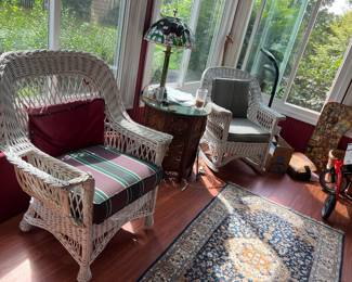 WHITE WICKER CHAIRS, ORIENTAL SIDE TABLE
