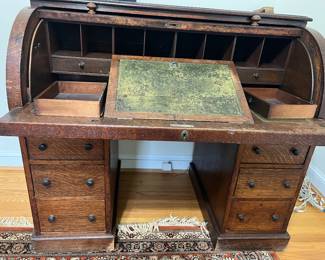 English Oak Cylinder Front Antique Desk with Pull-Out Writing Surface,