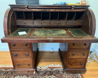 English Oak Cylinder Front Antique Desk with Pull-Out Writing Surface,
