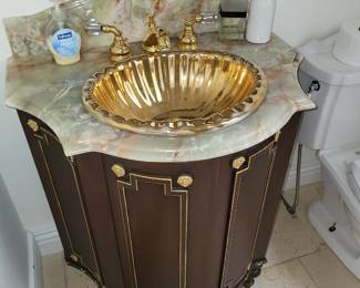 $2,275.00. Ornate Powder Room Vanity Set: Onyx Top, Gold Shell Sink, Trumeau Mirror