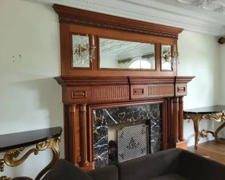 $1,750. Massive Custom Carved Wood Fireplace Mantel & Mirrored Overmantel – 10'10" Wide