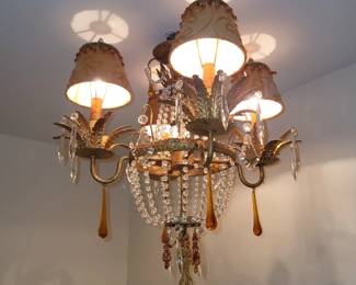 $750.00. Vintage Gilt Metal 5-Light Wall Sconce, Crystal & Amber Drops, Fabris & Beaded Shades with tassels