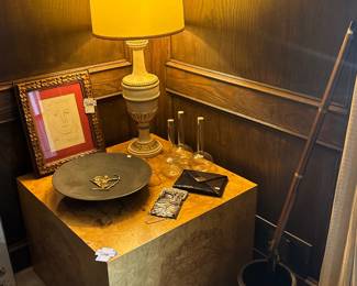 Milo Baughman Style Wood Cube Table, Decorative Table Lamp 