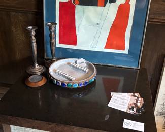 Candlestick Holders, Wooden Side Table, Framed Art 