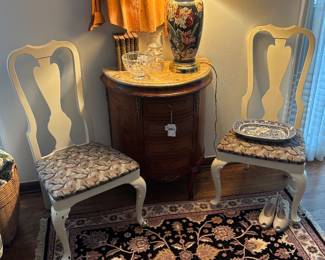 Dining Chairs, Rugs, Marble Top Chest of Drawers 
