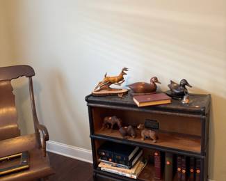 Lawyers bookcase and hand carved deer and duck decoys