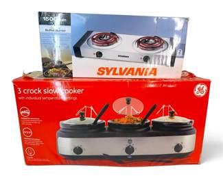 General Electric 3 Crock Slow Cooker  Sylvania Double Burner