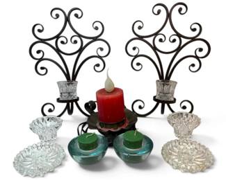 Candle Holders WallHanging Brown Metal Swirls, Blue Glass Dishes, Lead Crystal  Flameless Candle