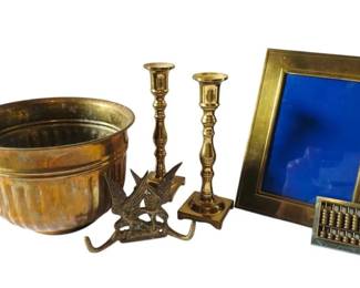 Brass Planter, Candlesticks, Frame  More