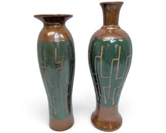 Pair Of Brown  Green Glazed Ceramic Vases