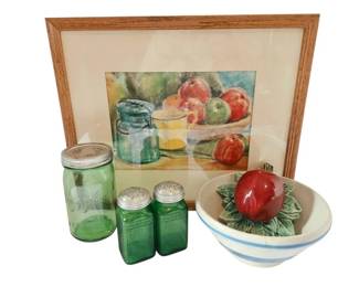 Framed Still Art Pastel Drawing Signed, Apple Wall Pocket, Stoneware Bowl  More