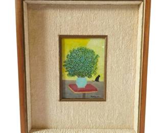 Vintage Flower On Yellow Backround With Black Cat Painting 11.5 X 13 Signed
