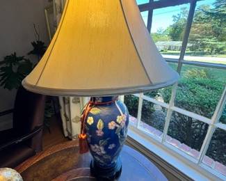 Vintage Blue Chinoiserie Lamp 30"H from finial 