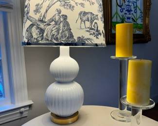Modern White Ceramic Ribbed Lamp with Custom Toile Shade ~24.5" H from finial