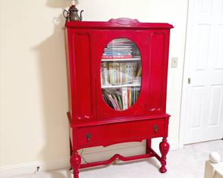 Red Painted China Cabinet Hutch 