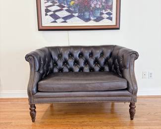 Century Beverly Black Leather Button-Tufted Settee - This item is available for pre-sale. You may purchase on our website using this link: https://www.pureandsimplecarolinas.com/shop/cramerton