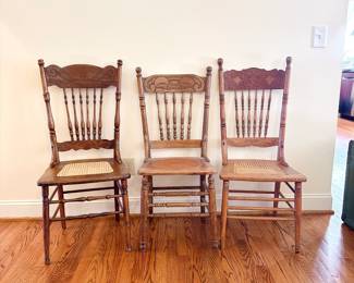 Antique Pressed-Back Spindle Carved Wood Chairs 