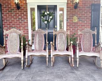 Set of 4 Teak Outdoor Rocking Chairs - This item is available for pre-sale. You may purchase on our website using this link: https://www.pureandsimplecarolinas.com/shop/cramerton