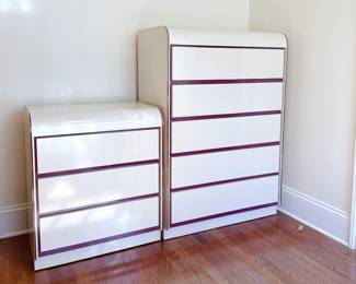 Vintage Post-Modern Cream and Oak Waterfall Dressers 