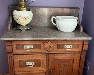 Antique Eastlake Commode with granite/marble top $225-has matching 3/4 bed and dresser