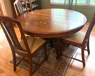 Quarter Sewn Oak Dining Table with Barley Twist Legs and Four Dining Chairs and Two Leaves $595