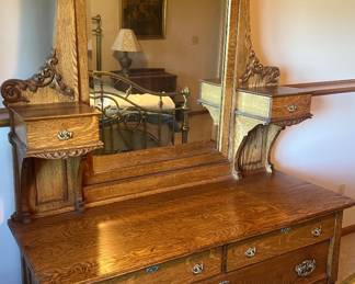 Antique Oak Gentlemen's Dresser/ Step Down Handkerchief Dresser with Mirror $849