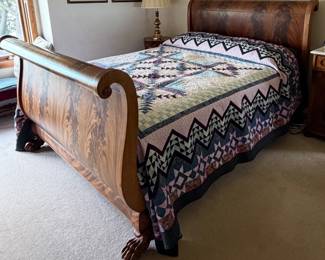 Carved Claw and Ball Feet Sleigh Bed Flame Mahogany Queen Size with Mattress and Box Spring $895- has matching dressers
