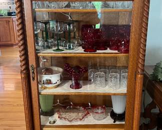 Oak Cabinet with Original Lead Glass Door Barley Twist Accents Claw Feet $649