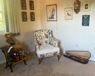violin, child's desk, chair and wall art