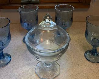 Blue Floral Embossed Goblets with Clear Starburst Pedestal Covered Candy Dish – Lake Odessa Off-Site
