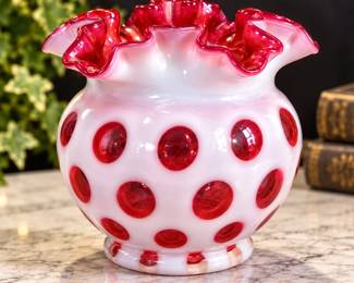 Fenton Cranberry Opalescent Coin Dot Ruffled Art Glass Vase Apx 6" – Potterville