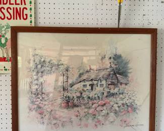 Framed Country Cottage & Flower Garden Landscape Art Print - Signed Artist - Lake Odessa Off-Site