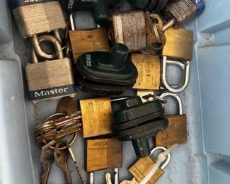Small Blue Tote of Misc Padlocks & Keys - Master Lock & More