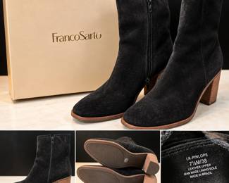 Franco Sarto Black Suede Leather Ankle Boots Block Heels Size 7.5M Like New With Box - Potterville