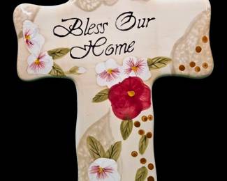 Vintage 2003 Hand Painted Cross w/Flowers ("Bless Our Home" on Front)