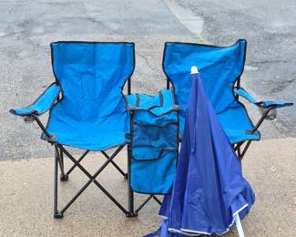 Folding Double Camping Chair With Cooler Armrests and Beach Umbrella Set