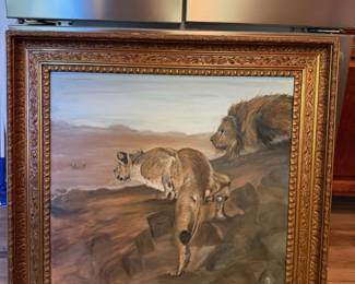 Large Signed Original Lion & Lioness Painting in Ornate Gilt Floral Frame – Howard City Off-Site